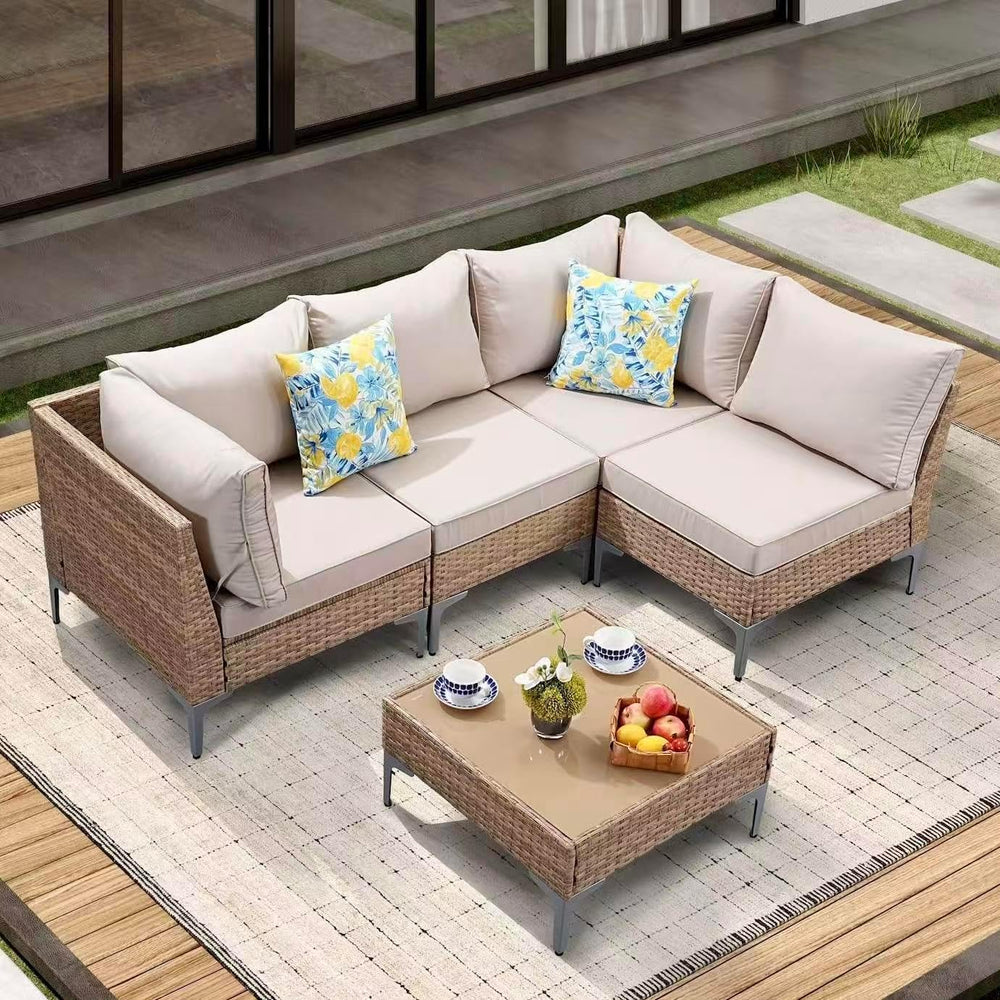 JOYURE 5 Piece Wicker Patio Furniture Set,Outdoor Conversation Sectional Sofa...
