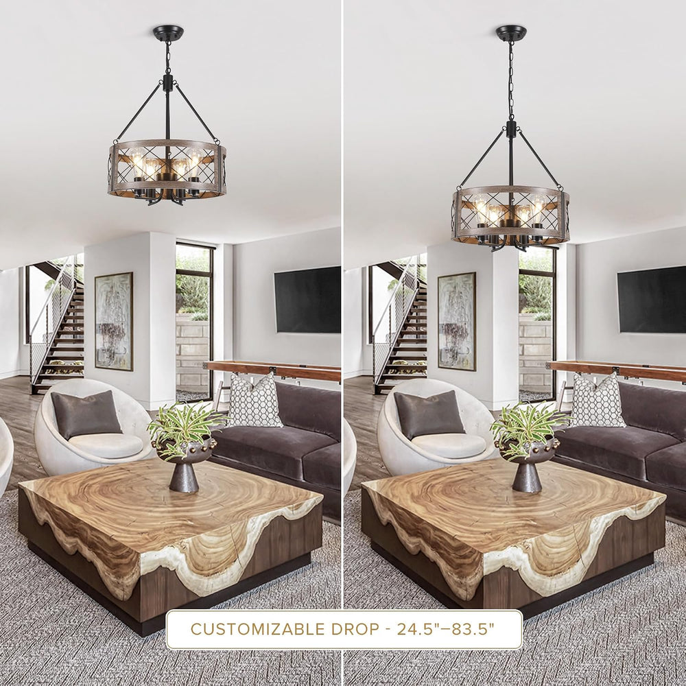 Farmhouse Drum Chandelier for Dining Room, 18" Rustic Black Chandelier w...