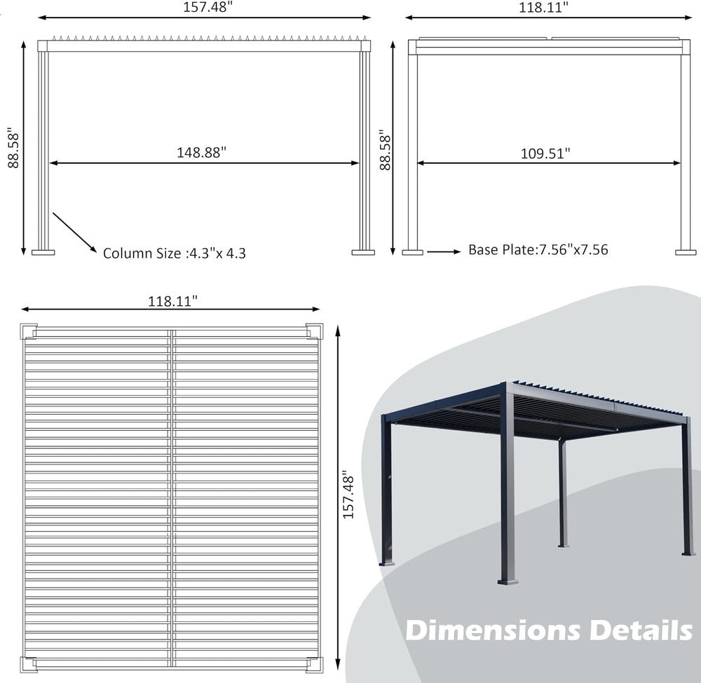 10'x 13' Patio Louvered Pergola Aluminum Black Hardtop Gazebo