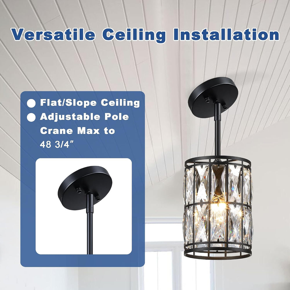 Modern Crystal Pendant Light Fixture 2-Pack Matte Black Finish Hanging Lighti...