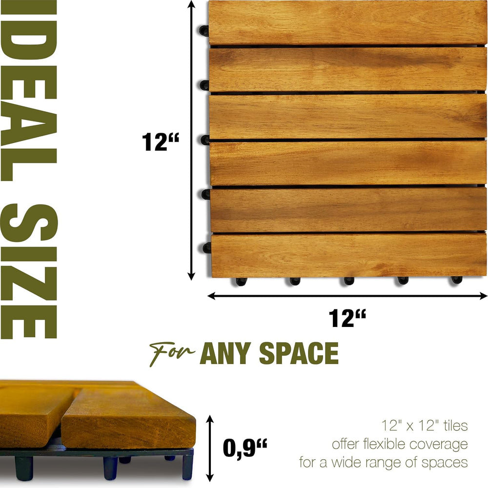 Acacia Wood Interlocking Deck Tiles, Patio & Backyard Tile, 12 in, 9 PCS