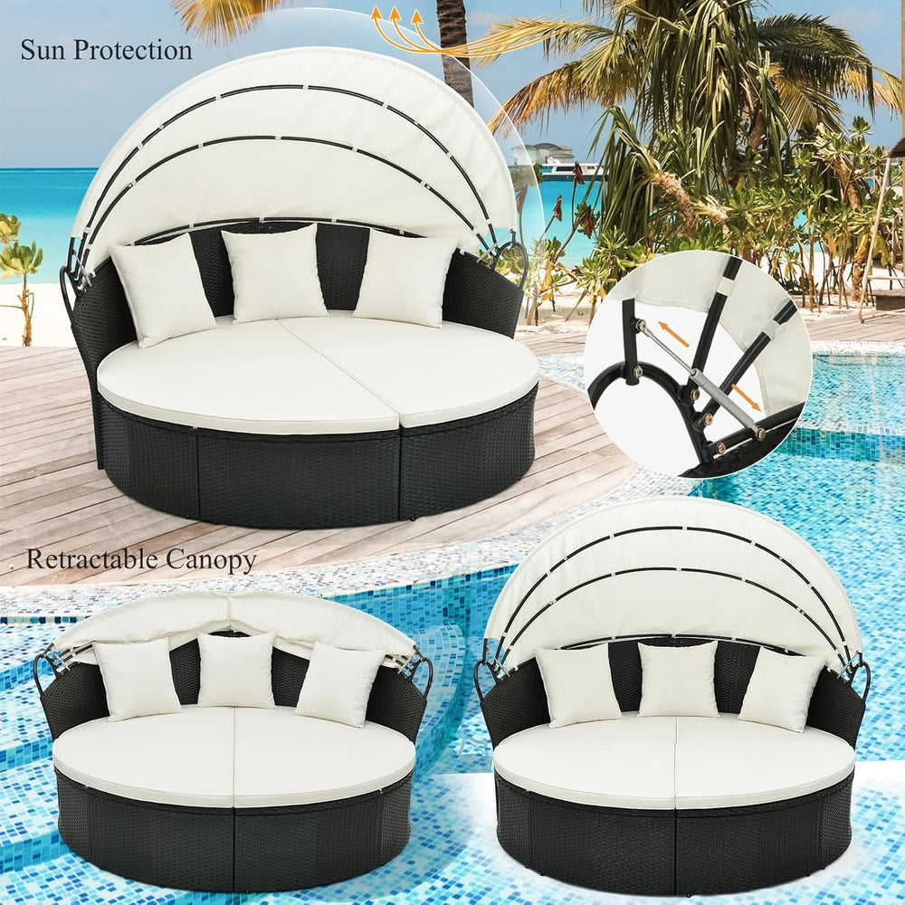LIFEZEAL Rattan Sun Island with Sun Canopy, Garden Lounger Sun Lounger with C...