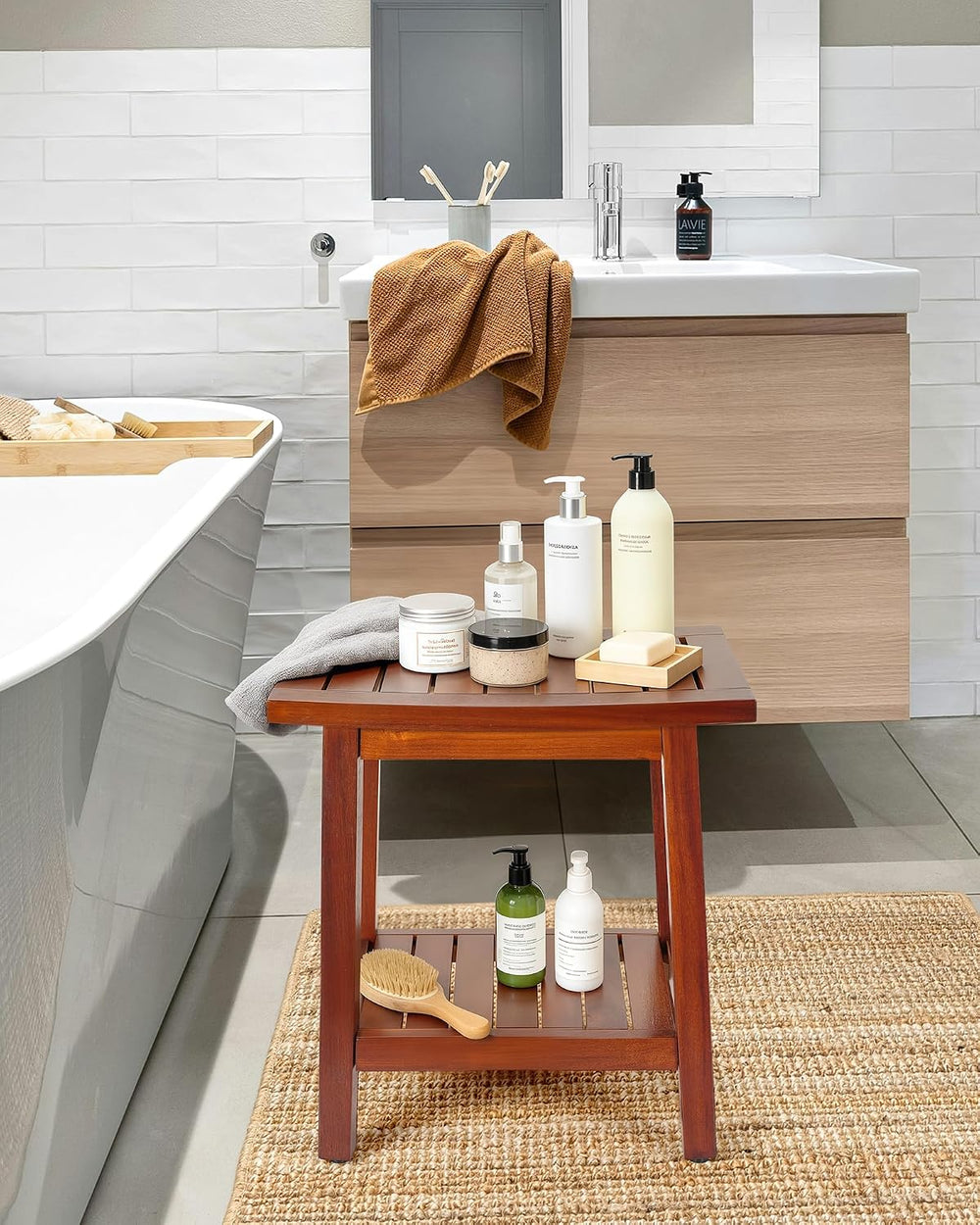 Upolana Teak Shower Bench, 16" Solid Acacia Wood Shower Stool Waterproof...