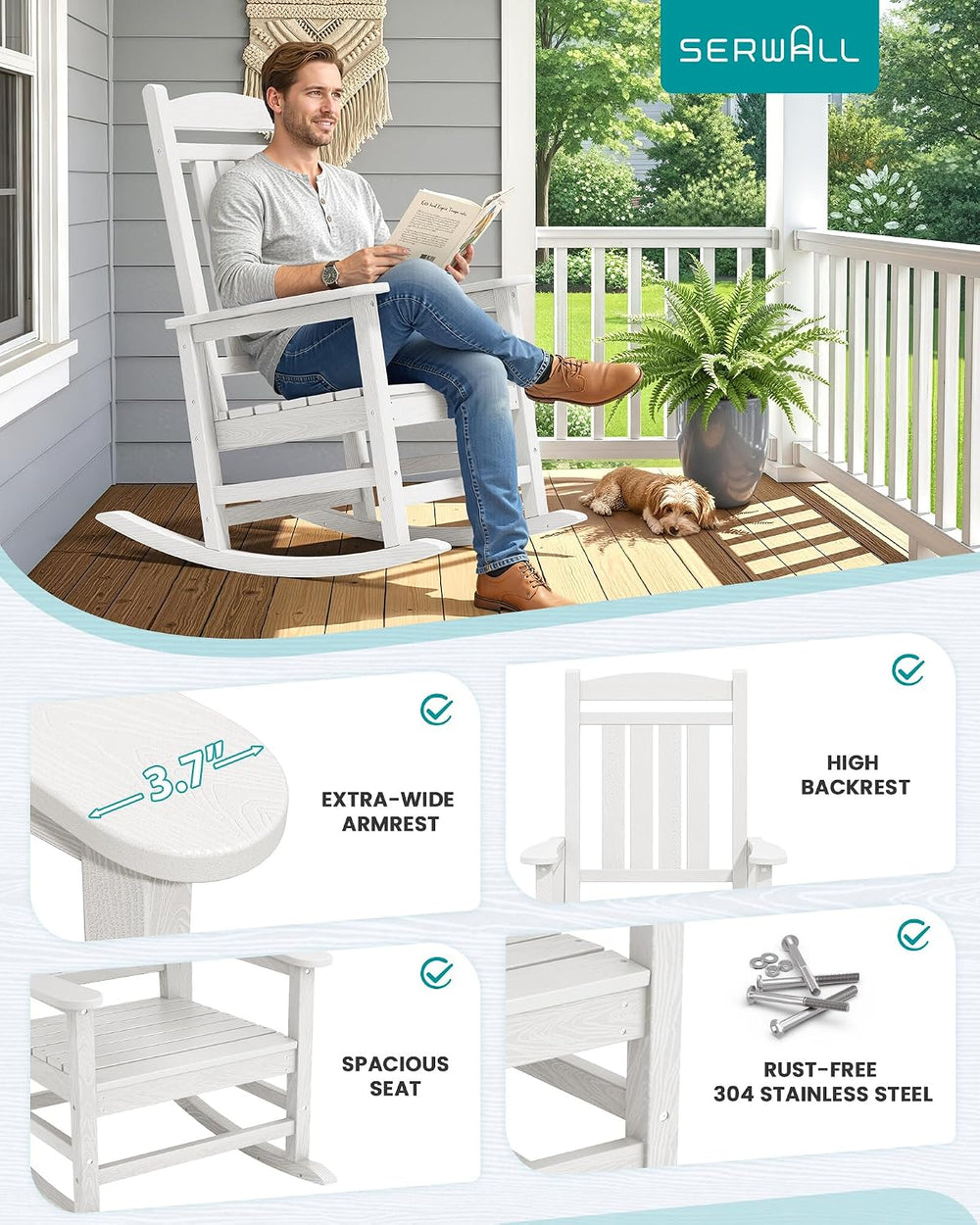 SERWALL Outdoor Rocking Chair Set of 2, Patio Rocking Chair, White