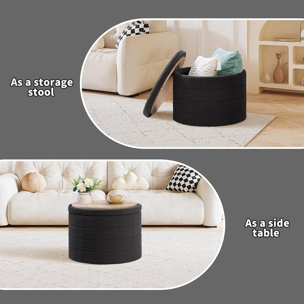 PINPLUS Round Storage Ottoman, Foldable Sherpa Ottoman Footstool Storage with...