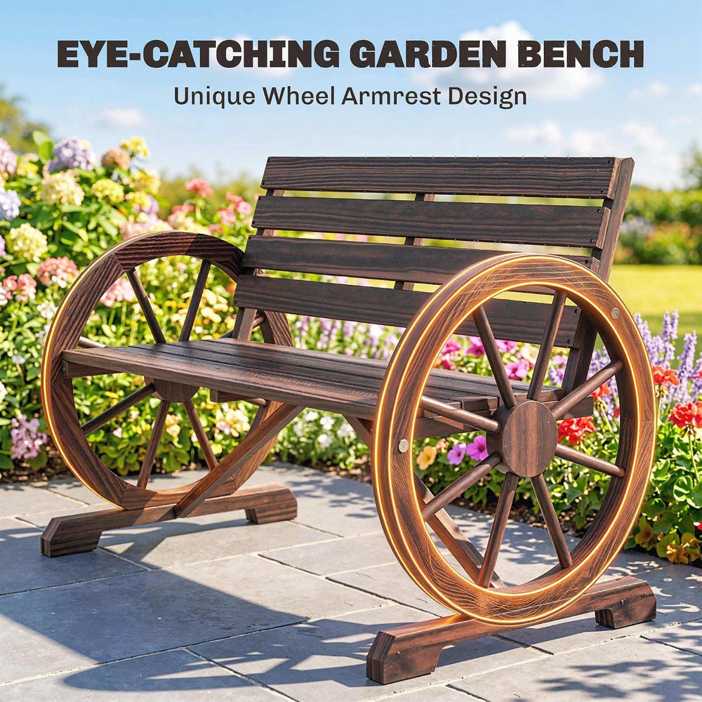 Outsunny 41" Wooden Wagon Wheel Bench Rustic Outdoor 2-Person Carbonized