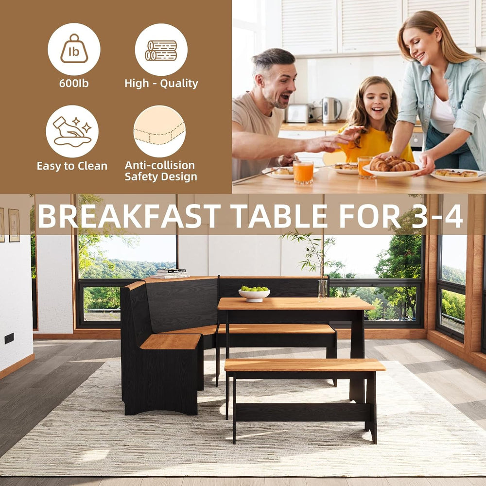 Farmhouse Breakfast Nook Table Set with Corner Bench (Black + Natural)