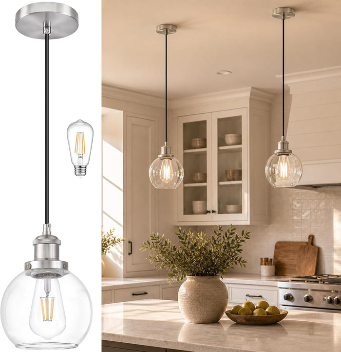 Bagood Brand 6 inch Mid Century Modern Globe Pendant Light, Brushed Nickel Finish, Clear Glass, Kitchen Island Lighting, Includes Bulb, Adjustable Cord, Monopoint with Canopy
