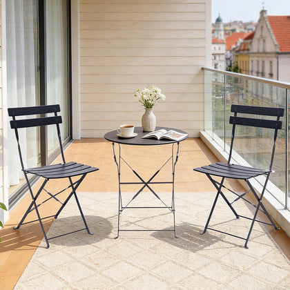 3-Piece Patio Bistro Set, Folding Outdoor Bistro Table and Chairs for 2 with Sturdy Steel Frame, No Assembly Small Space-Saving Patio Furniture Set for Balcony Garden Porch, Black (Set of 2)