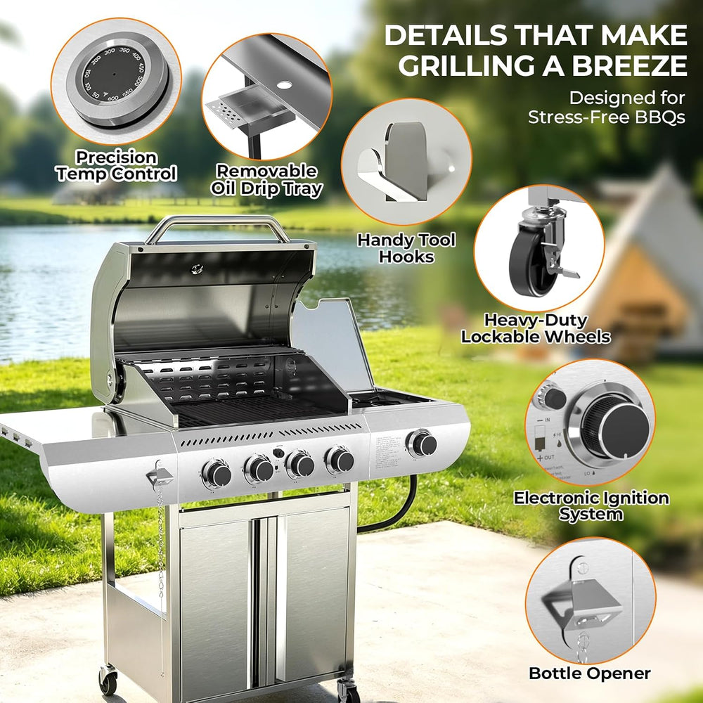 Kismile 4-Burner Propane Gas Grill with Side Burner, Stainless Steel 42,000 B...