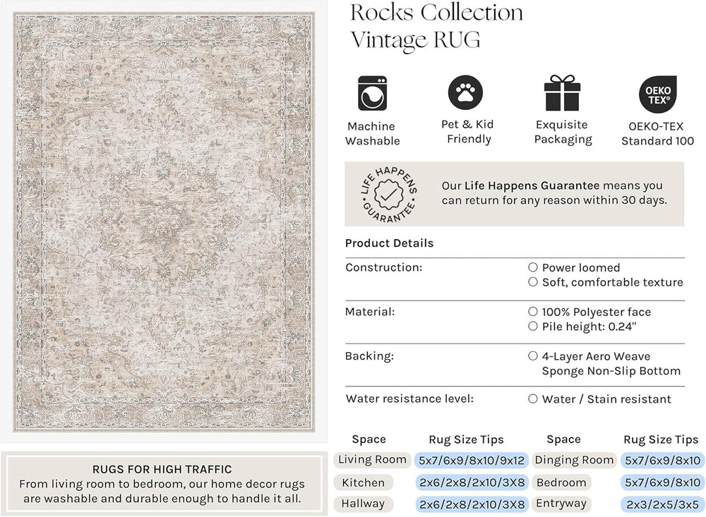 HUGEAR Beige Area Rugs 3x5 Washable Rug Indoor Carpet