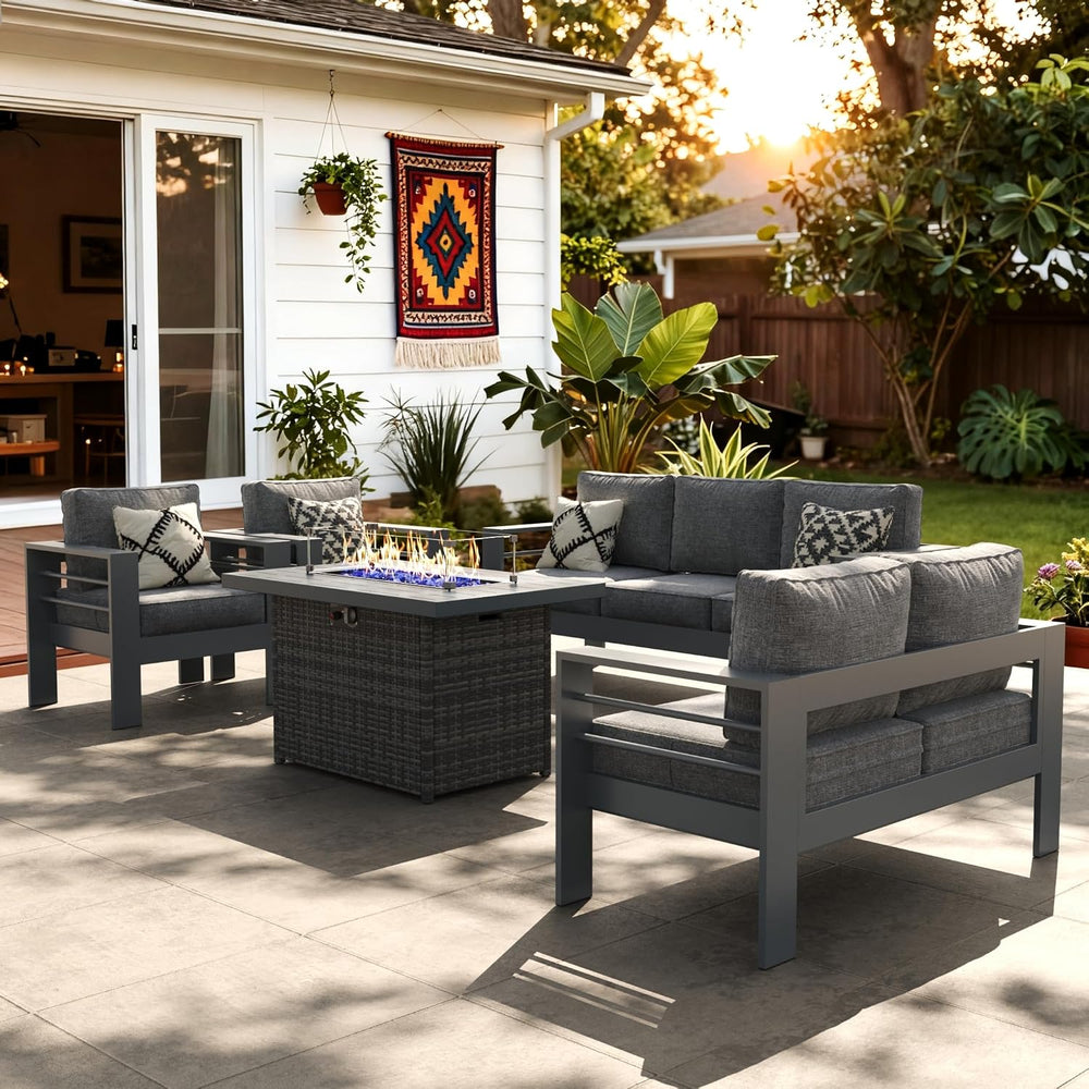 LayinSun Outdoor Aluminum Furniture Set with Fire Pit Table, 5 Pieces Patio S...