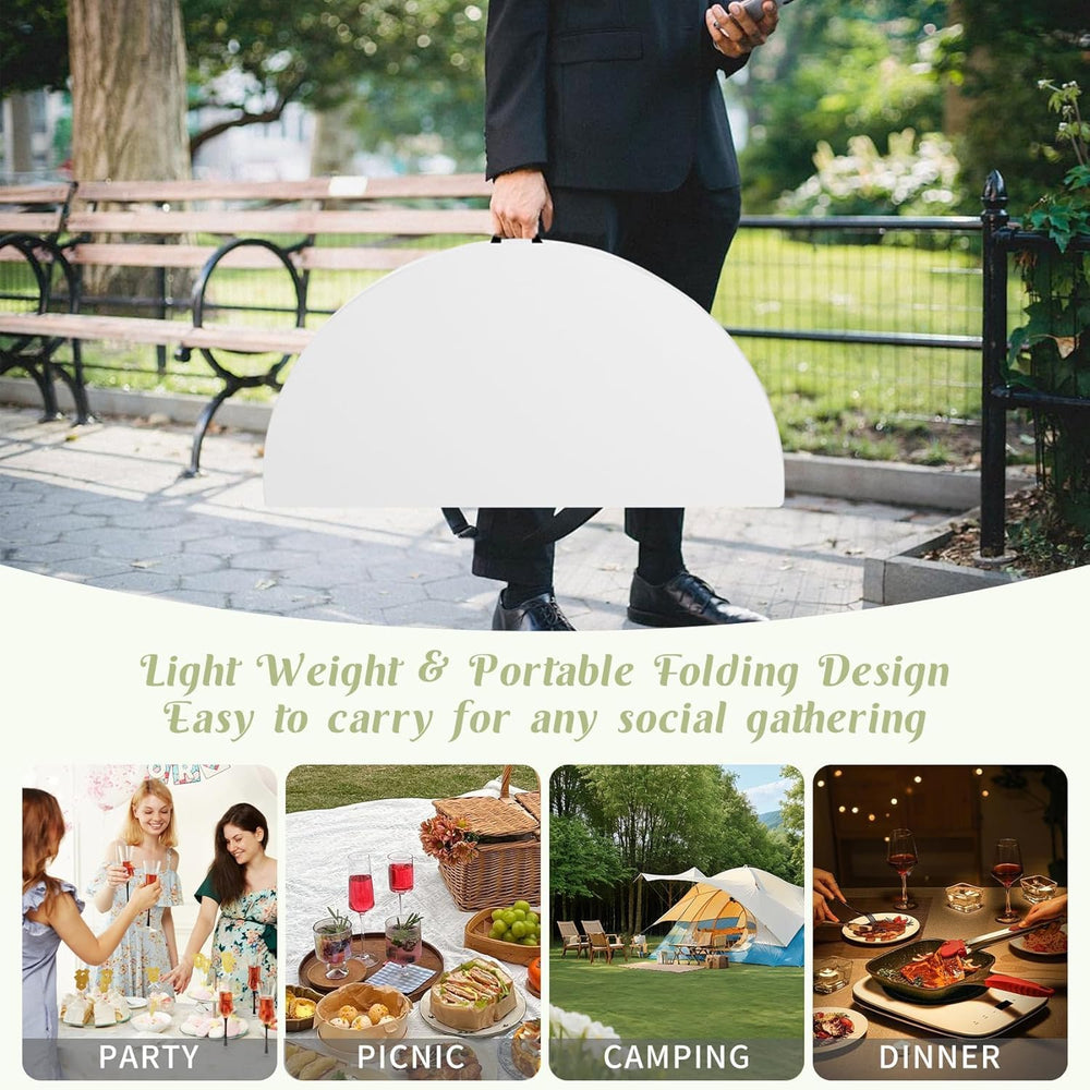 Fivenl Round Folding Tables White Foldable Table, Fold-in-Half with Carrying ...