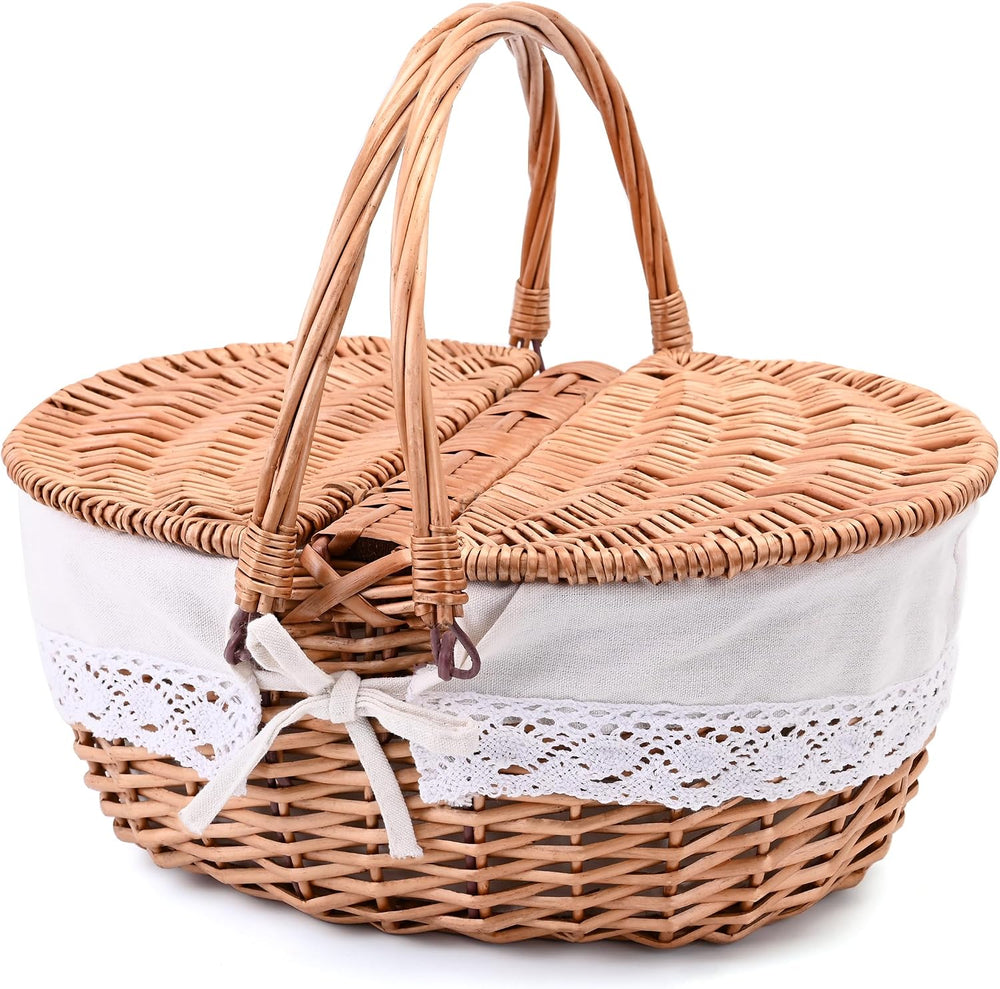Wicker Picnic Basket with Removable Liner Empty Picnic Baskets with Lid, Picn...