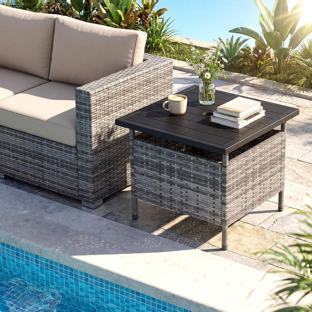 HAPPYGRILL Patio Umbrella Table Stand, Rattan Outdoor Side Table with Umbrell...