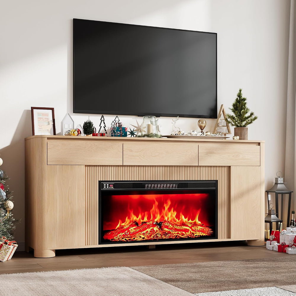 YANSNWO 70" Fireplace TV Stand for TVs Up to 80", Natural Oak