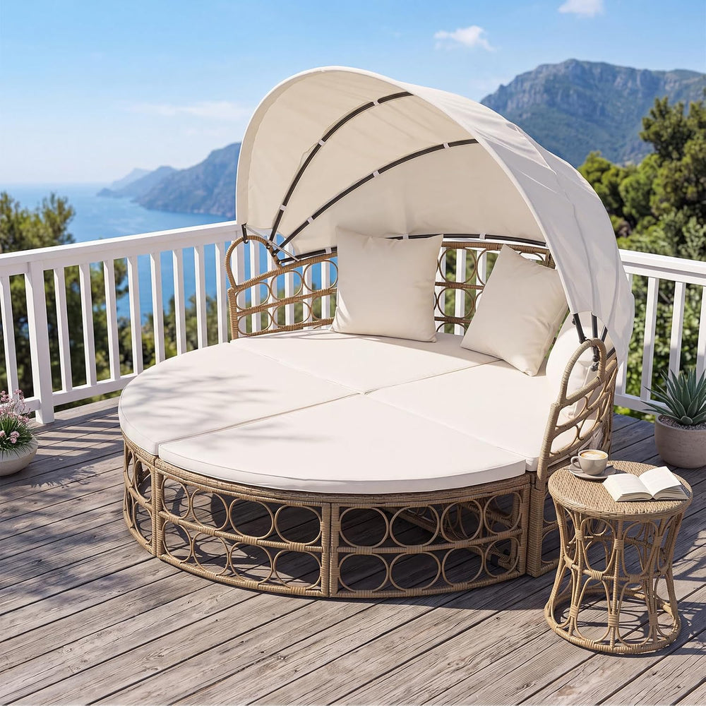 Tangkula Round Outdoor Patio Daybed with Retractable Canopy & Cushions