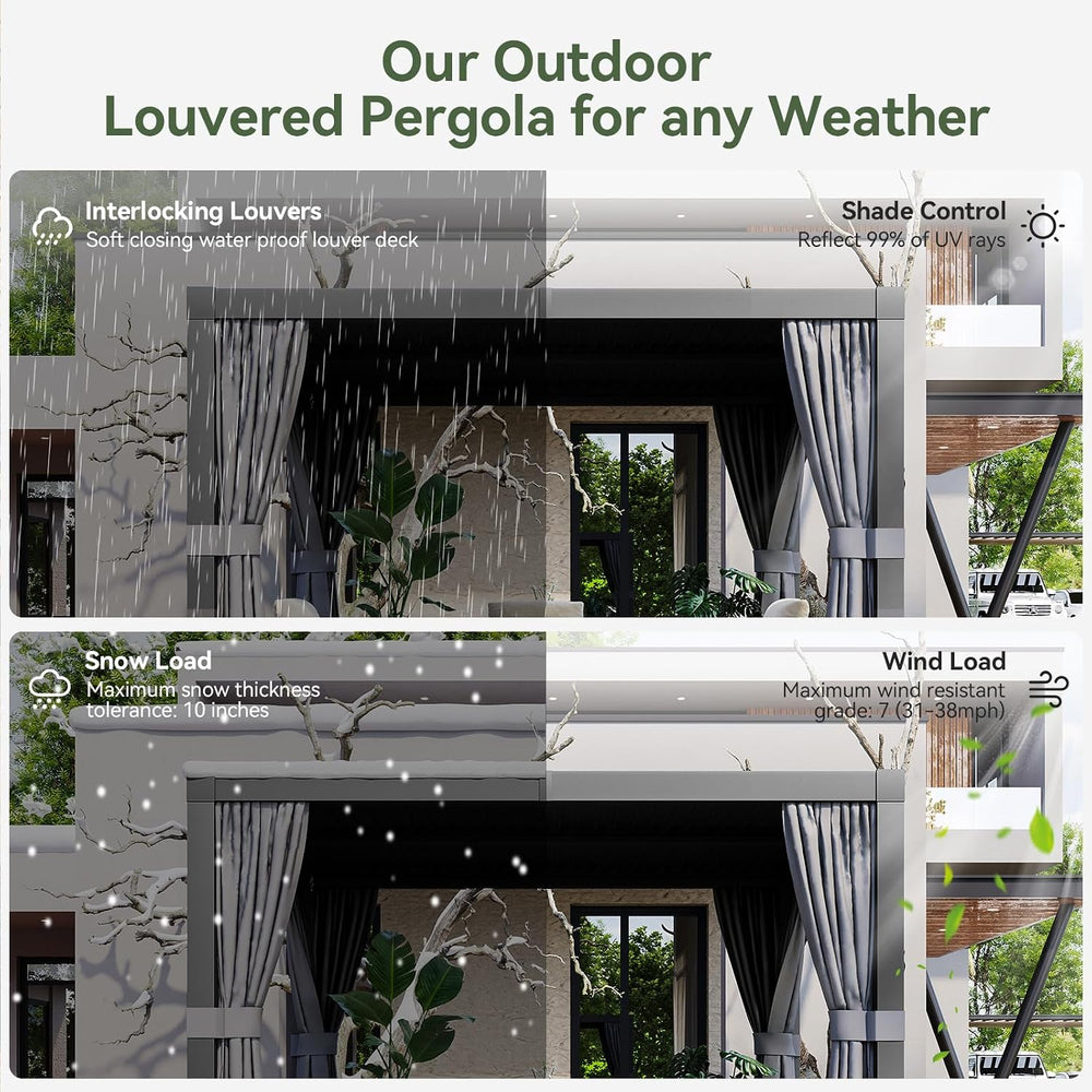 Aoxun Patio Louvered Pergola 10x12 All-Aluminum, Curtains and Netting