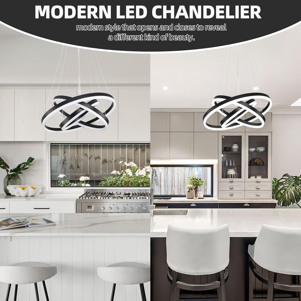 Modern Led Chandelier 3 Rings Black Pendant Lights Dimmable Chandeliers Color...