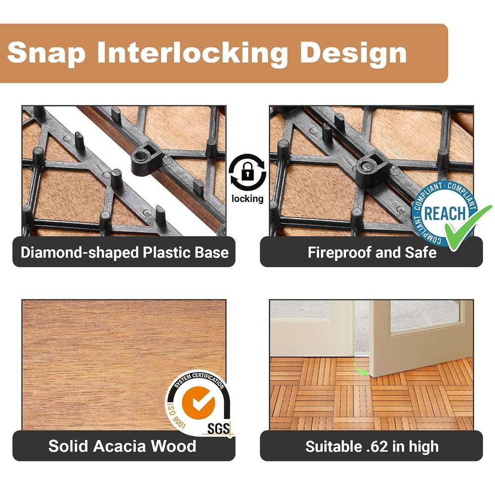PrimeZone 108 PCS Solid Acacia Wood Interlocking Deck Tiles, Natural Wood