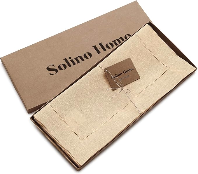 Solino Home Linen Beige Table Runner 72 Inches Long - 100% Pure Linen Hemstit...