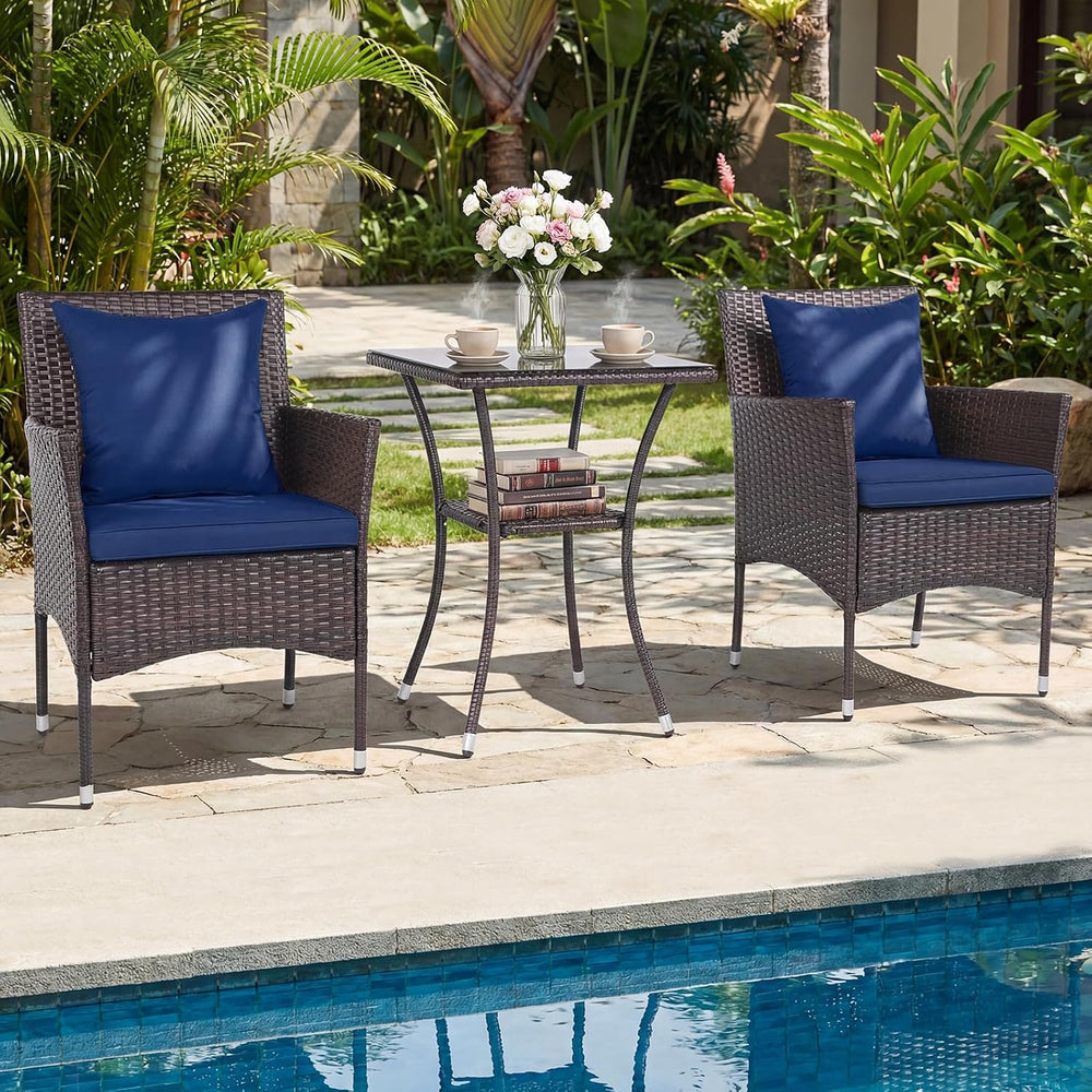 Tangkula 3 Pieces Patio Wicker Bistro Set, 2 Rattan Chairs w/ 2-Tier Tempered...