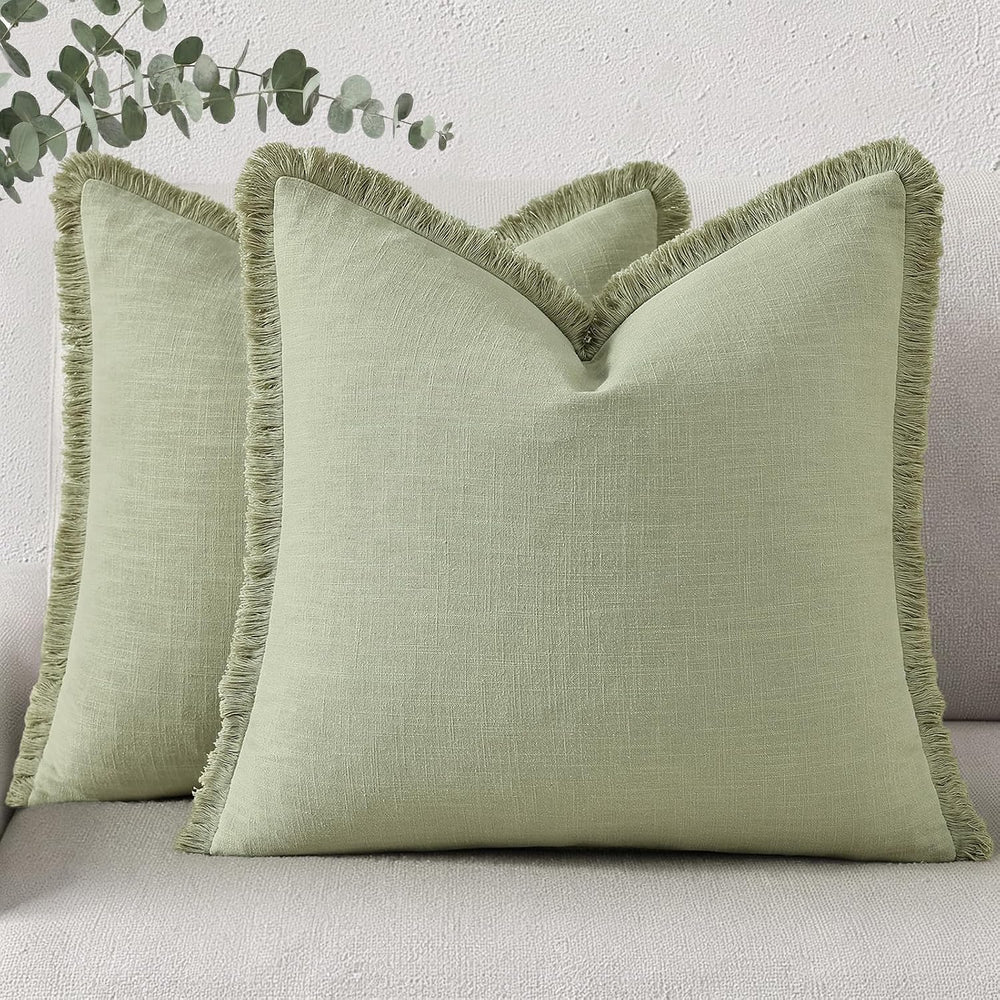 decorUhome Linen Fringe Sage Green Throw Pillow Covers 24x24 Set of 2