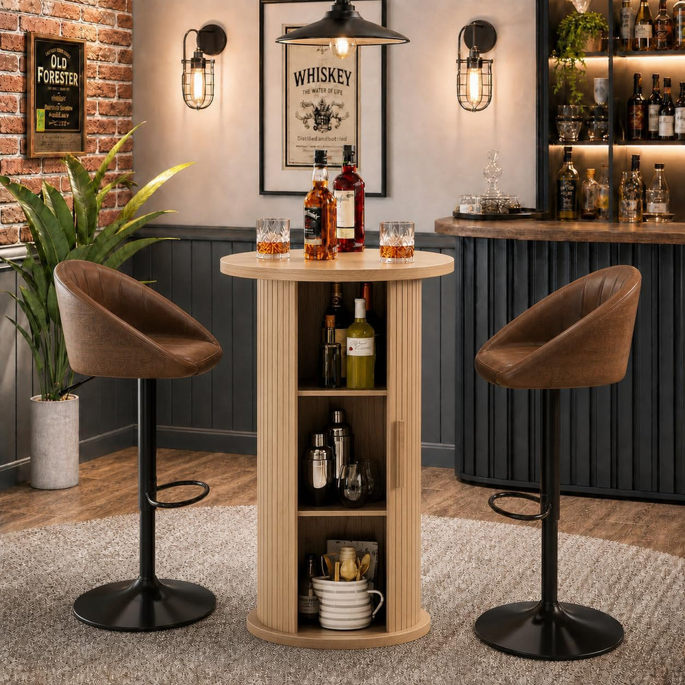 Round Bar Table with 3-Tier Hidden Storage Shelves Slide Door, 36.4''...