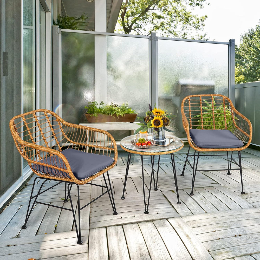 Tangkula 3 Pieces Patio Bistro Set, Rattan Conversation Set with 2 Cushioned ...