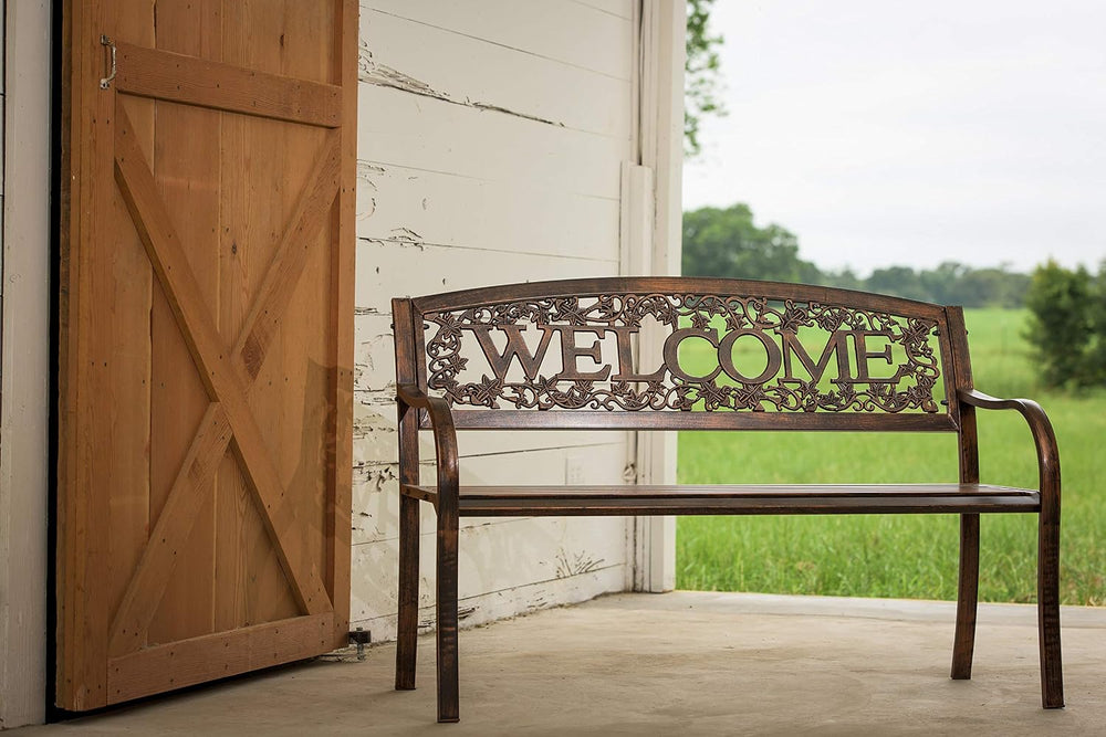 Leigh Country Metal Outdoor Bench, Welcome Design, Decorative Patio Seating f...
