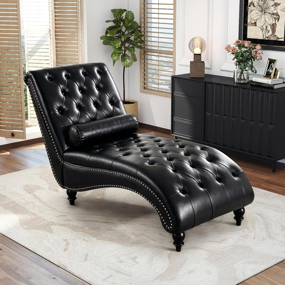 Faux Leather Chaise Lounge Indoor with Toss Pillow, Modern Chaise Lounge Chai...
