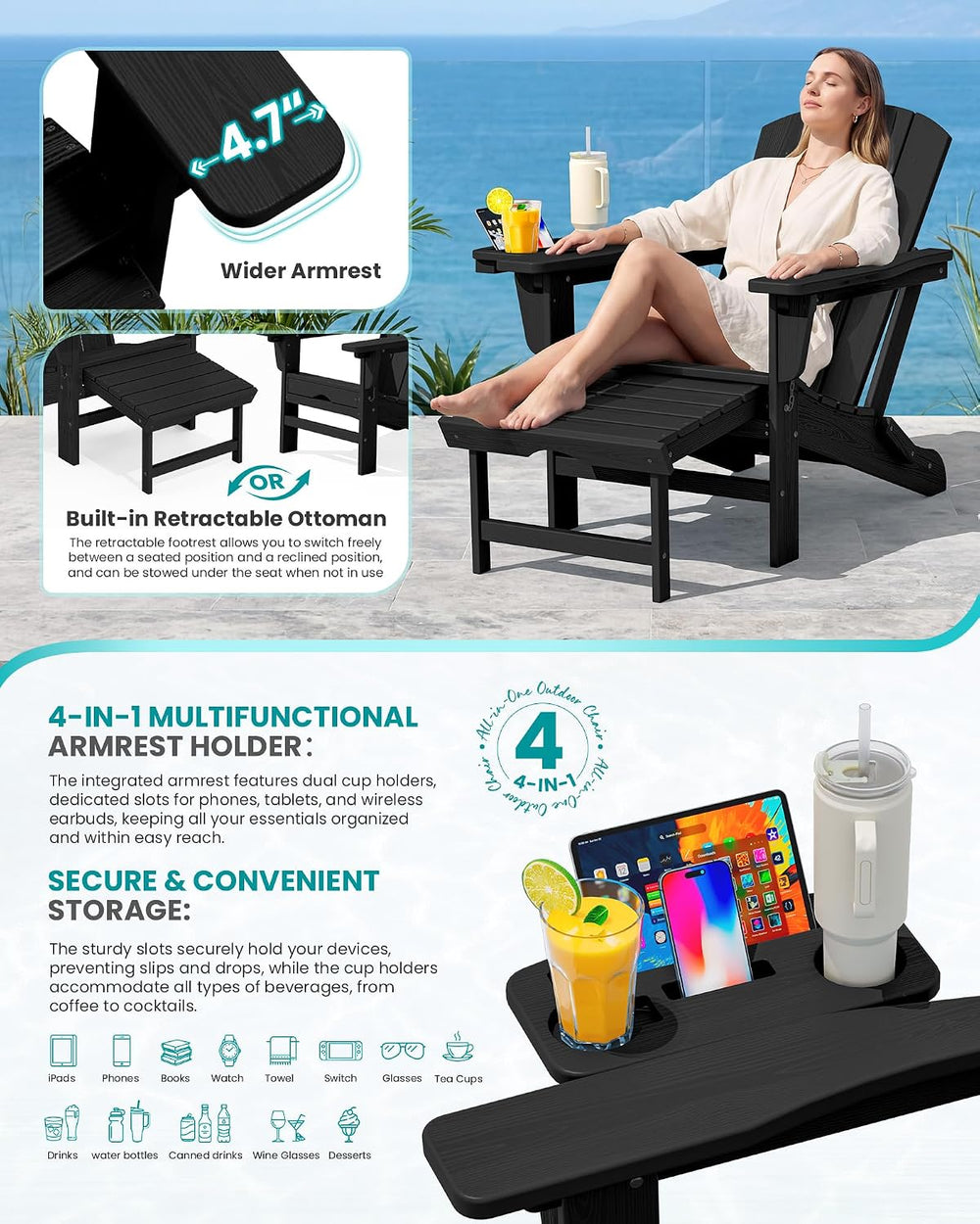 SERWALL Folding Adjustable Adirondack Chairs with Footrest Set of 4, HDPE Out...