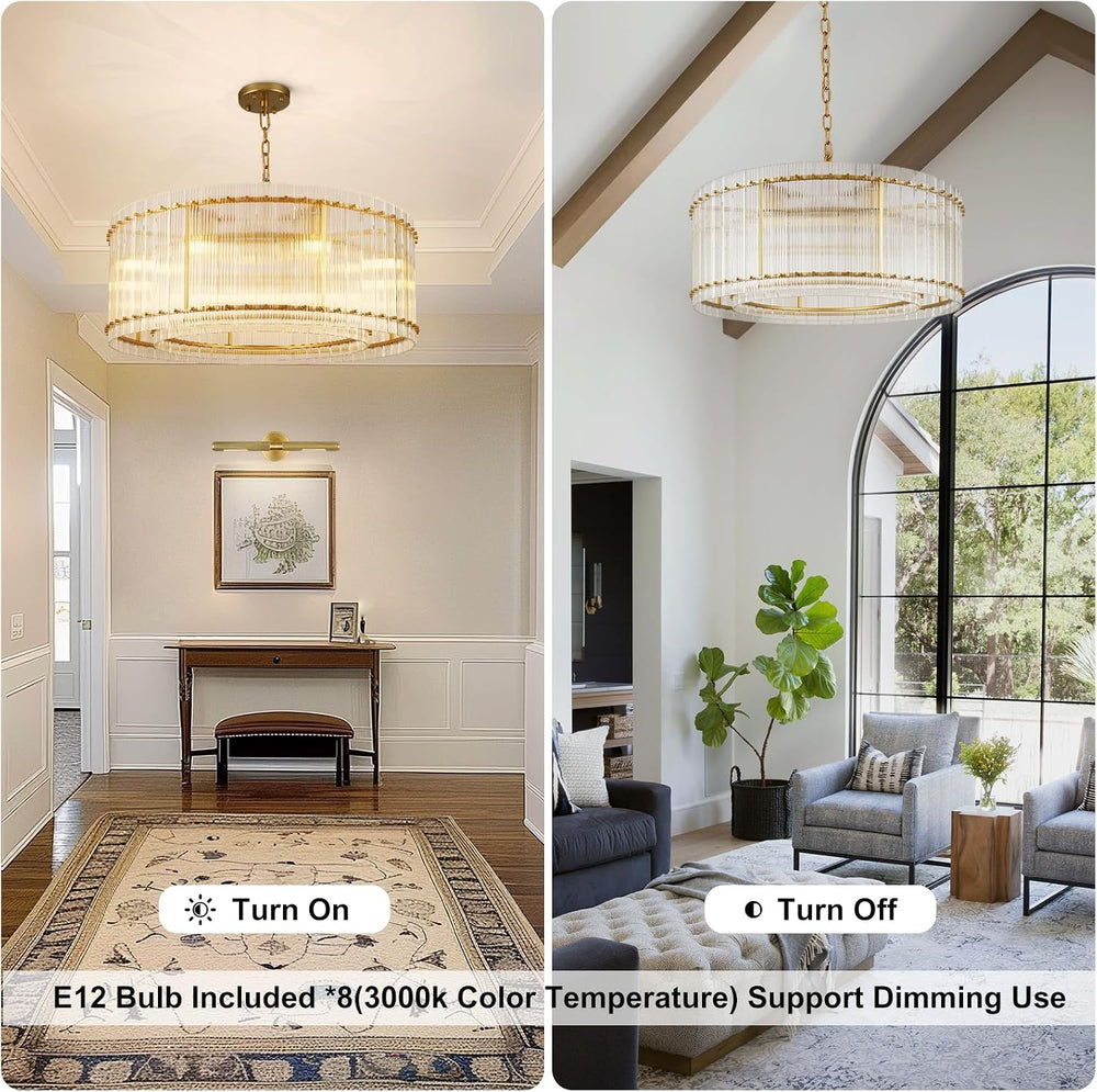 37" Modern Gold Round Chandelier,2-Tier 8-Light Water Ripple Crystal Gla...