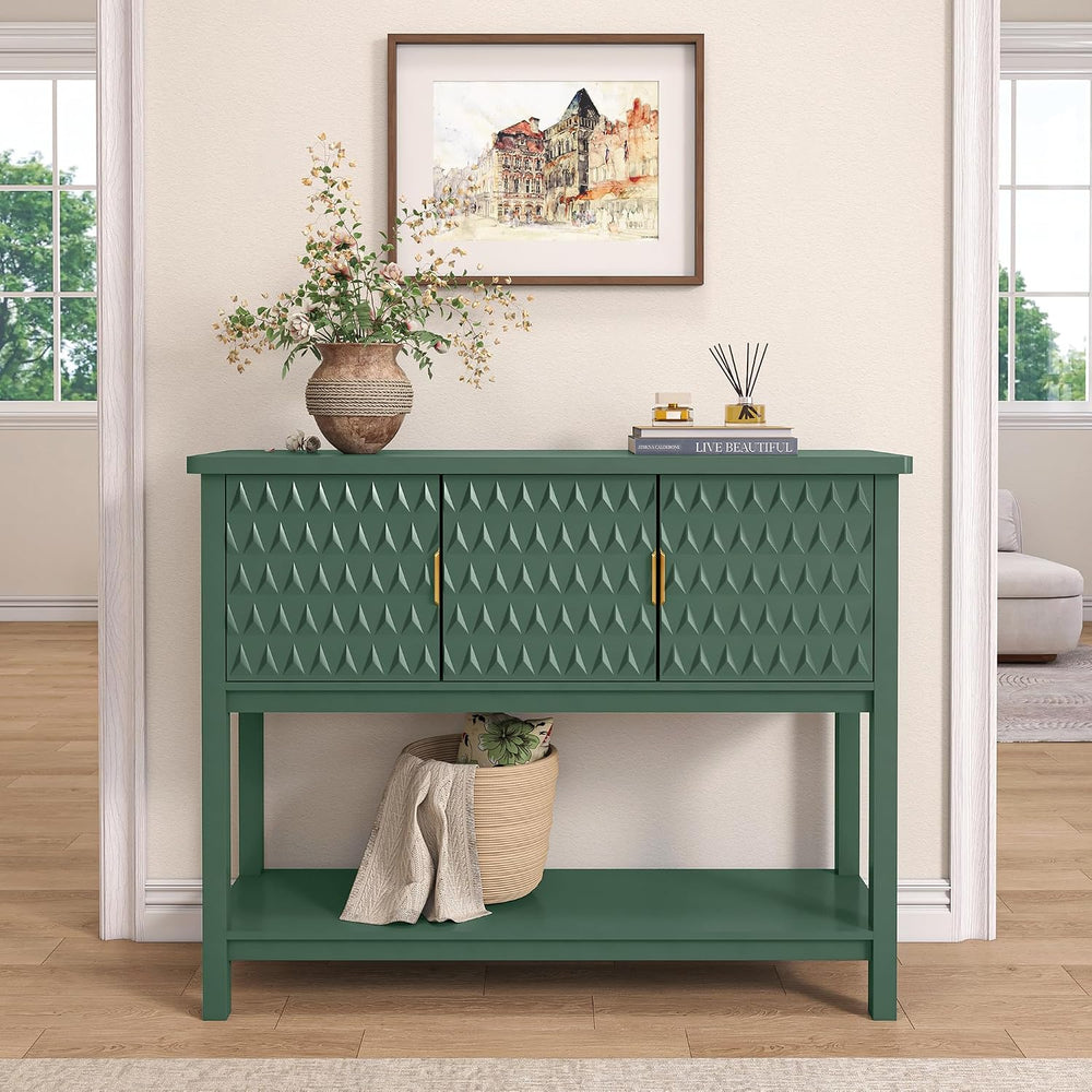 42” Modern Console Table with 3 Diamond Doors & Shelf for Entryway, Green
