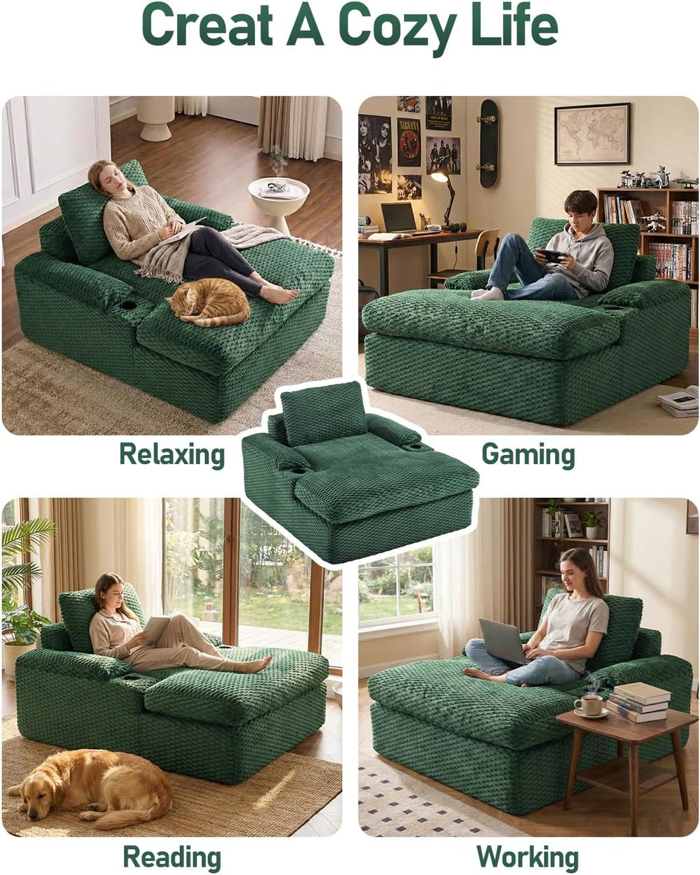 Karl home 59.8" Chaise Lounge Chair Indoor,20.1" Deep Seat, Green