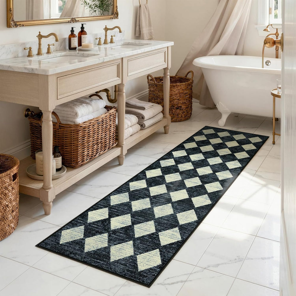 Checkered Kitchen Runner Rug 2x6 Black, Non Slip Washable Hallway Bathroom