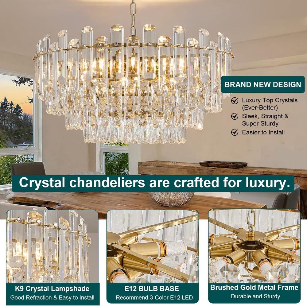 23.62" Gold Crystal Chandeliers for Dining Room, 12-Light Modern Chandelier