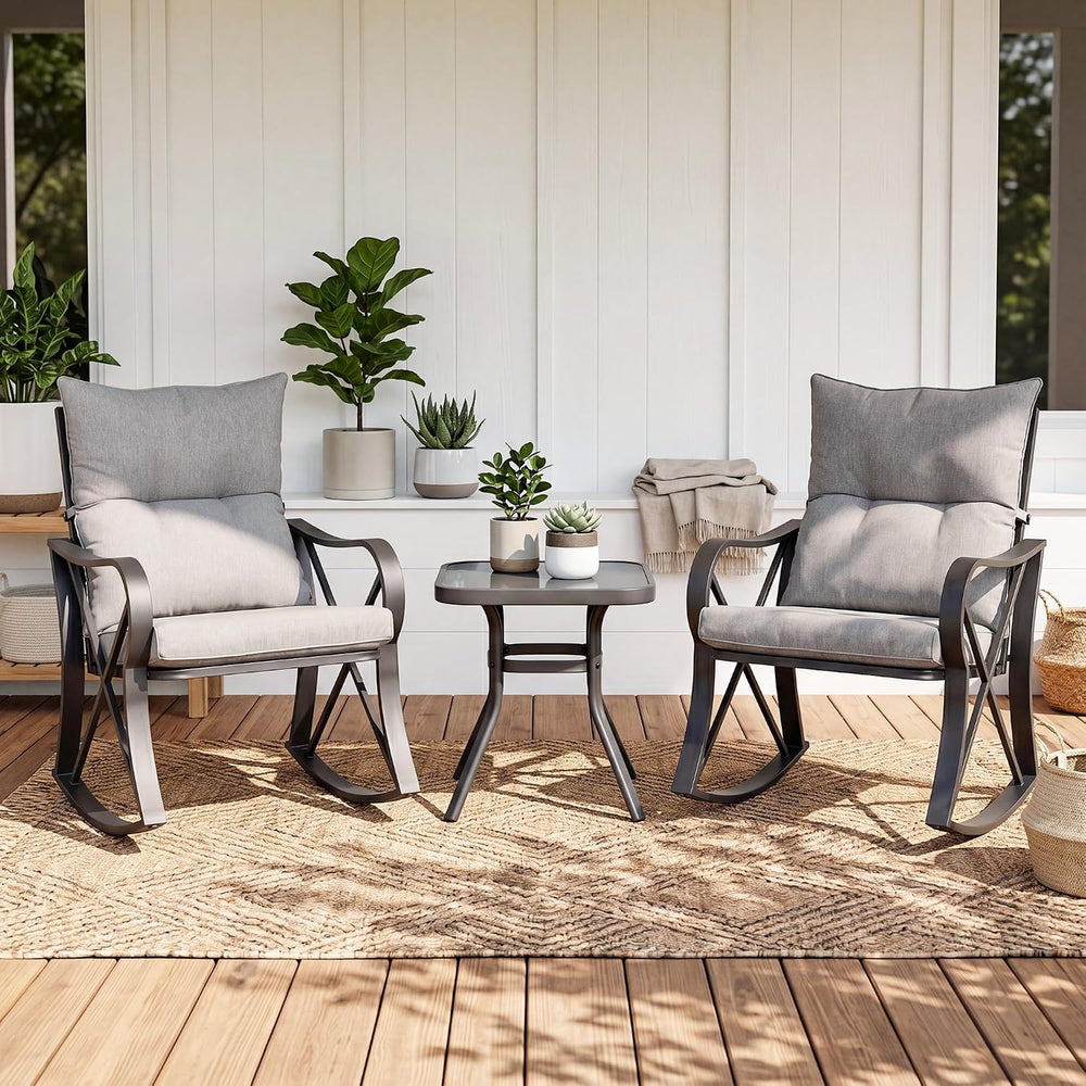SUNBURY 3 Piece Patio Rocking Conversation Set, Outdoor Rocking Chairs with T...
