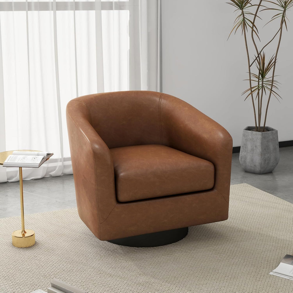 Faux Leather Swivel Accent Chairs Set of 4, Barrel Armchair, Brown