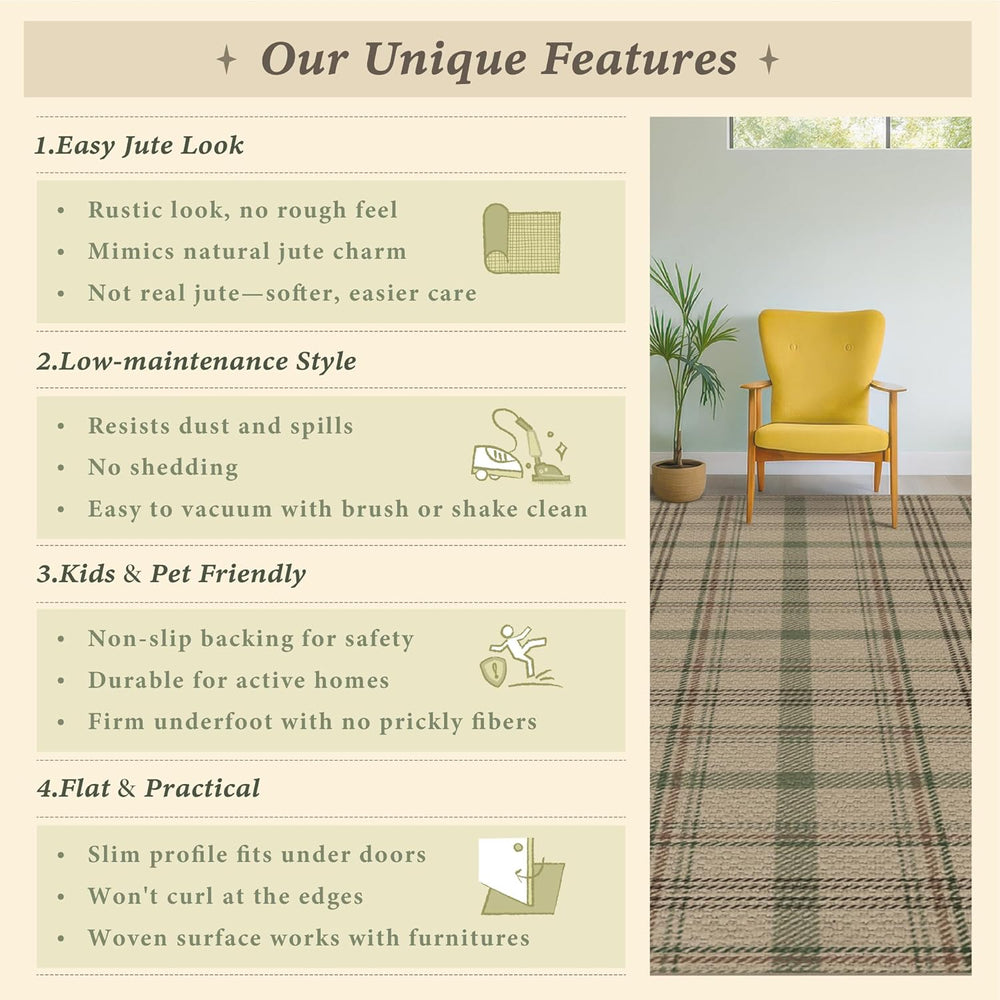 JTJ Easy Jute 3x5 Outdoor Rug, Sage Green Plaid Washable Farmhouse Area Rug