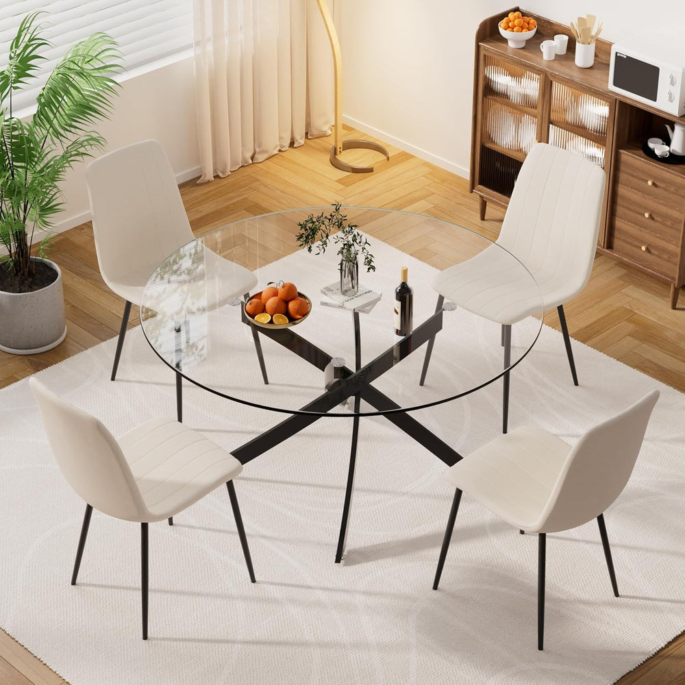 Modern Round Glass Dining Table Set for 4, 47'' Large Tempered Glass ...