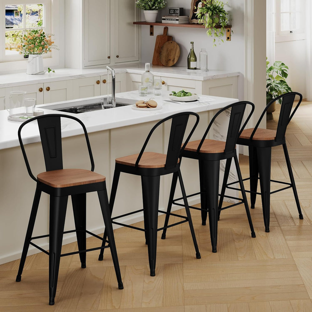 Metal Bar Stools Set of 4, 30" Black Bar Height Stools with Back