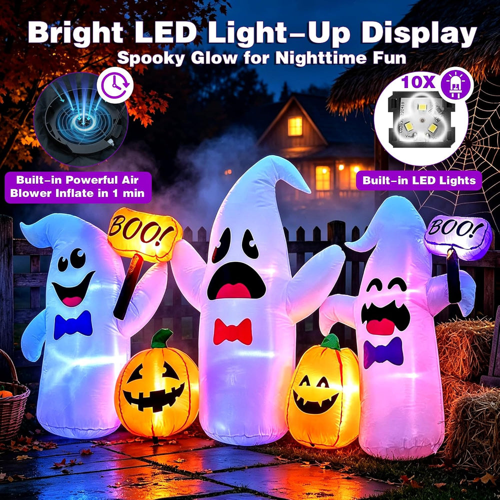 8 Ft Long Halloween Inflatable 3 Ghosts and Pumpkins Decorations Outdoor