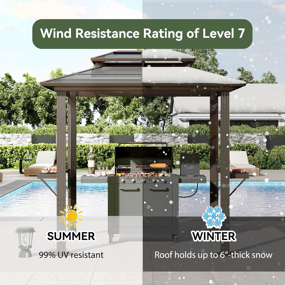 Aoxun 8'x5' Hardtop Grill Gazebo with Double Polycarbonate Top, Brown