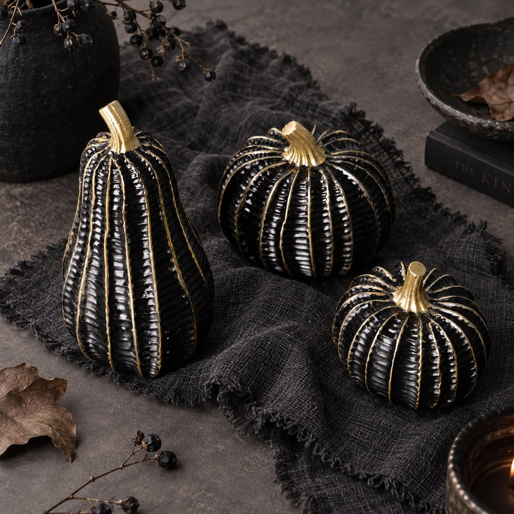 Parsin 3 Pcs Black & Gold Resin Pumpkin Decorations for Fall and Halloween