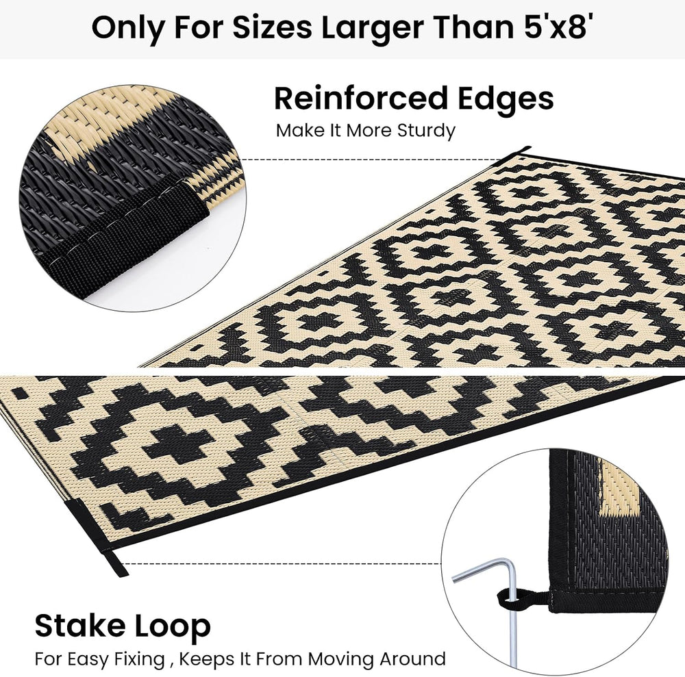 Smiry Outdoor Rug 9x12 ft Waterproof Reversible Boho Mat, Black & Beige