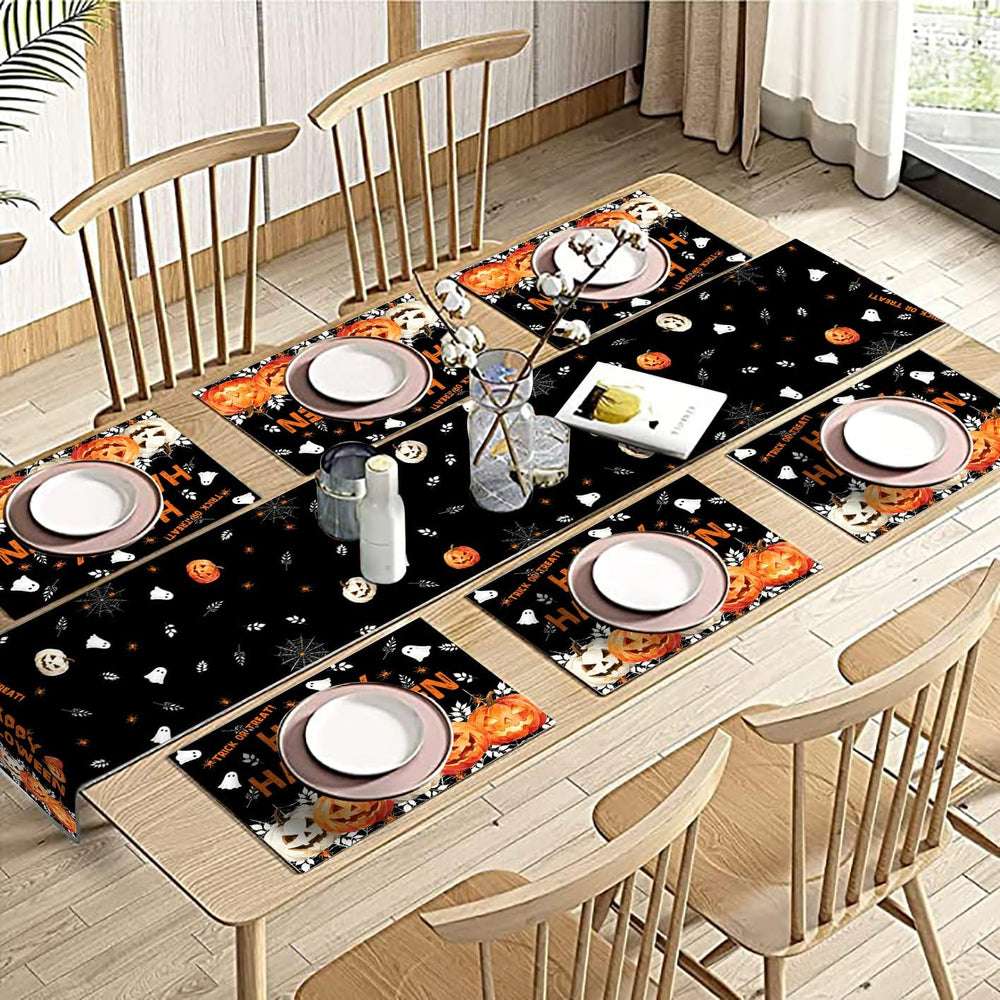 Happy Halloween Pumpkin Ghost Table Runner and Place Mats Set of 6 108 in