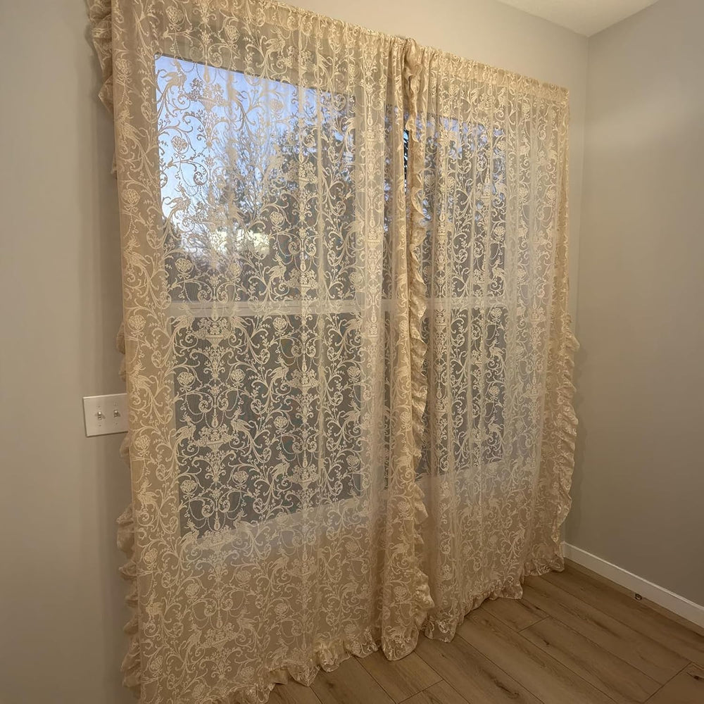 TUDECO Beige Lace Curtains 84 Inches Long, Vintage Ruffle, 2 Panels