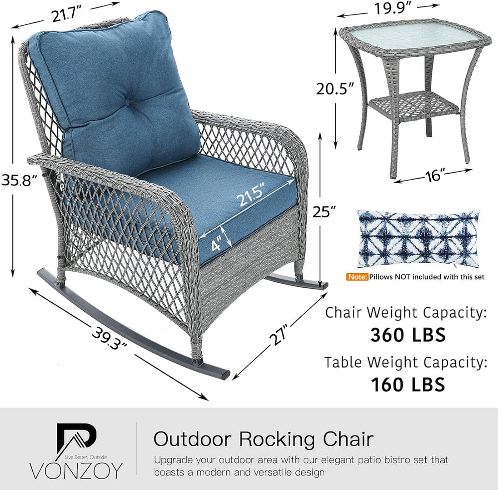 Patio Furniture Set 3 Pieces, Wicker Outdoor Rocking Bistro Set, Blue