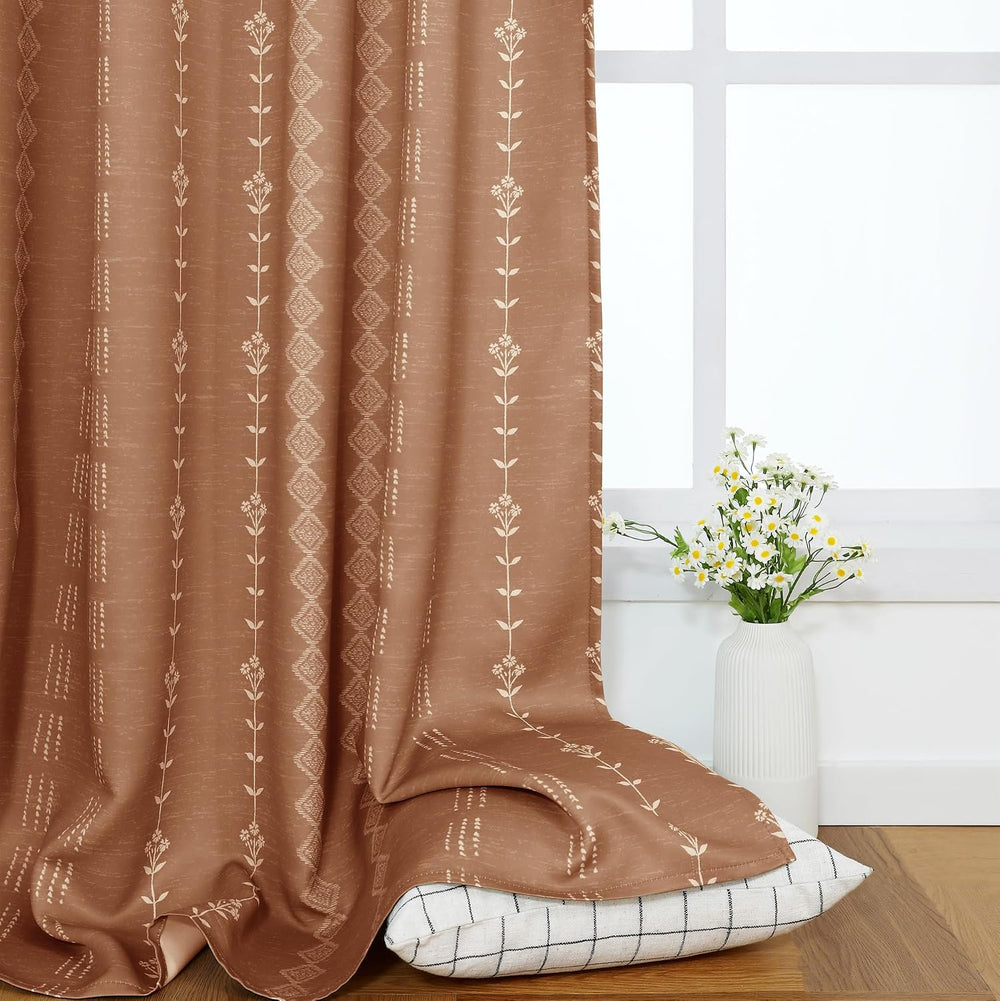 Vintage Floral Blackout Curtains 96 Inch Long, Burnt Orange Mid Century Moder...